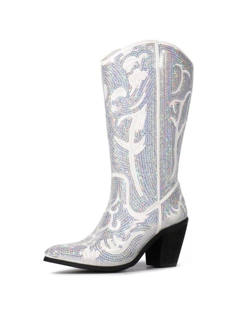 Womens White  Sequin Mid Calf Western Wide Calf High Fashion Pointed Toe Boots